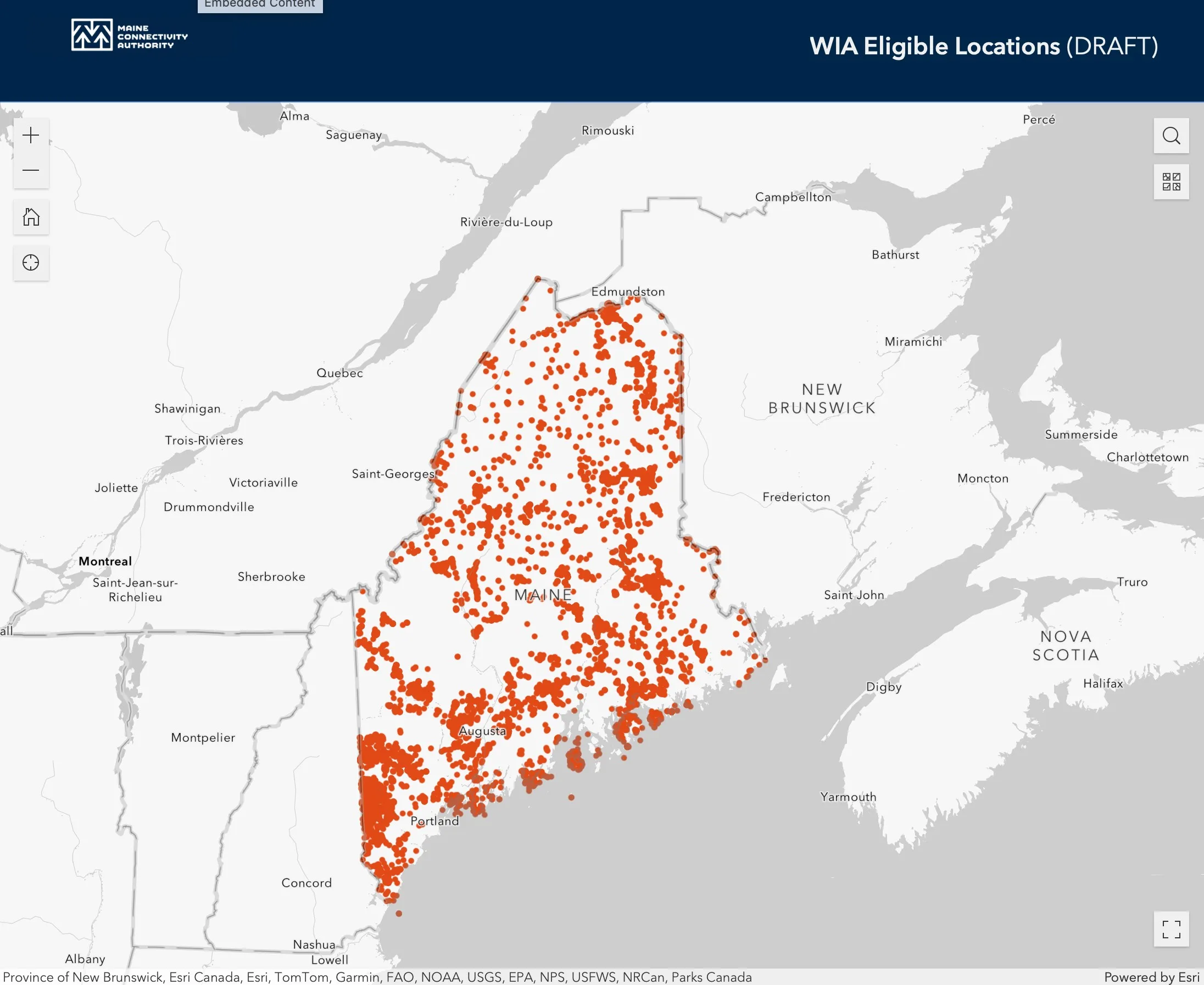 Maine released the following map of eligible locations. You can zoom in and interact with the map by visiting Maine's WIA portal. Image sourced from the Maine Connectivity Authority on October 23, 2024.